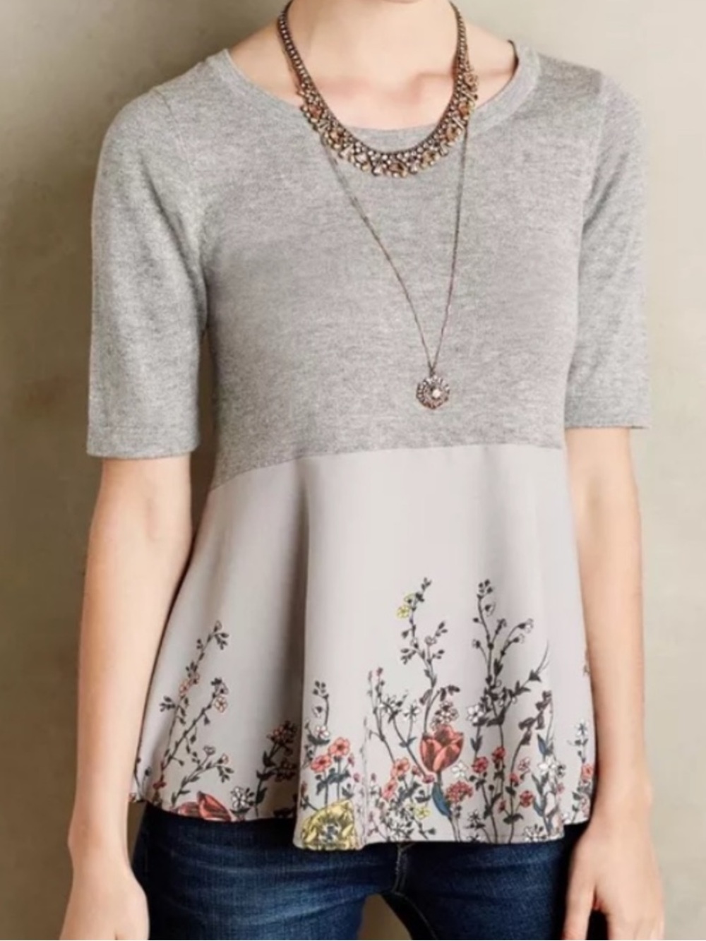 Anthropologie Moth Gardenia Swing Peplum Sweater XS Gray Floral Mixed Media Top